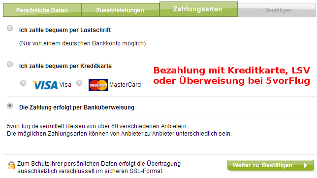 Kostenlose Zahlungsarten bei 5vorFlug