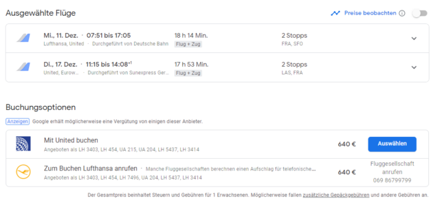 Google Flights Anbieter Auswahl