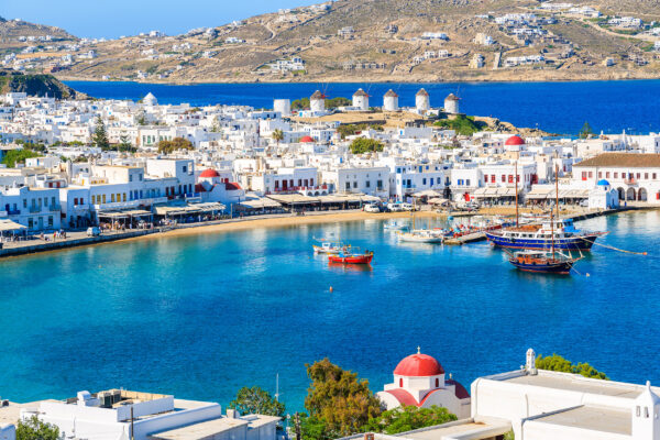 Griechenland Mykonos Hafen Blick
