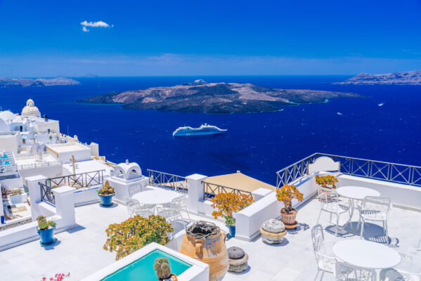 Griechenland Santorini Fira Balkone