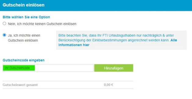 Wo findet Ihr das Gutscheinfeld für den FTI Gutscheincode. Auf diesem Screenshot der FTI Buchungsseite haben wir das Feld für den Code grün markiert.