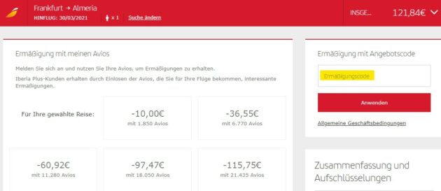 Das Gutscheinfeld für Codes findet Ihr im letzten Buchungsschritt von Iberia, hier im Screenshot gelb markiert.
