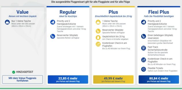 angebotene Flugtarife auf Ryanair.com - von Value inklusive Handgepäckhin zu Flexi Plus mit der Option einer kostenlosen Umbuchung und Fast Track Option