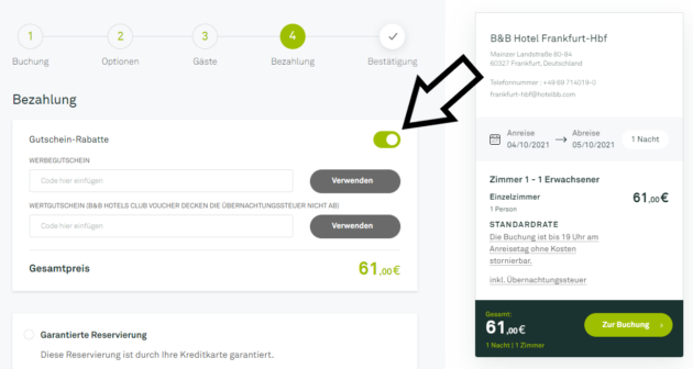 So öffnet Ihr das Eingabefeld, einfach während der Buchung im Schritt "Bezahlung" die Option für Gutschein-Rabatte anklicken, Code aus der Zwischenablage einfügen udn auf "Verwenden" klicken.