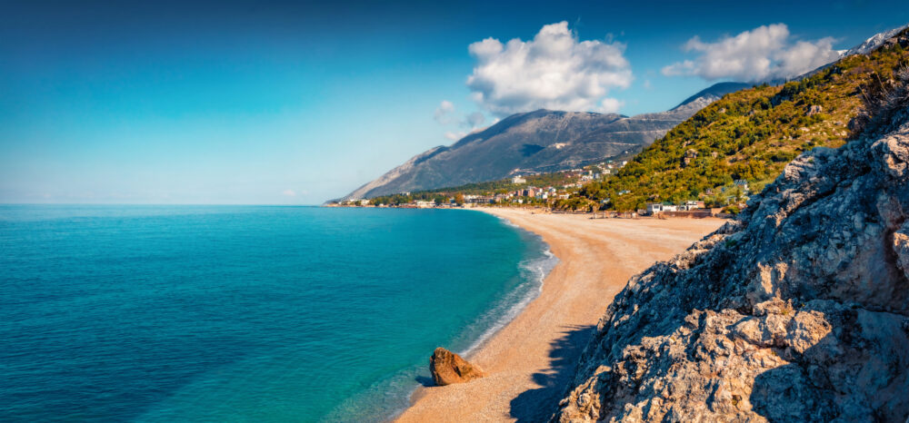 Panoramic,Spring,View,Of,Publik,Beach,In,Dhermi,Town.,Colorful