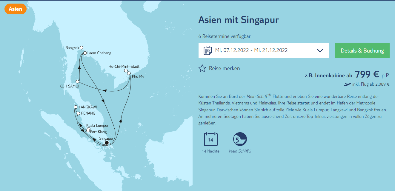 Asien Kreuzfahrt-Abenteuer: 15 Tage mit Mein Schiff durch Südostasien 