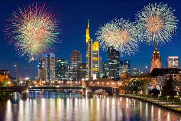 City Of Frankfurt Am Main Skyline At Night With,Firework
