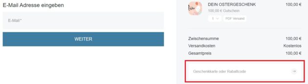 Im Gutscheinfeld den Code eintragen und der Rabatt wird sofort vom Einkaufswert abgezogen.