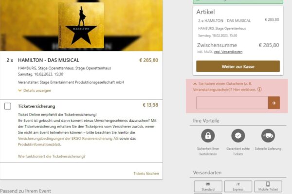 Stage Gutschein: Hamilton Musical Hamburg 2023 - Buchungsseite Stage Entertainment - Gutscheinfeld in hellrot