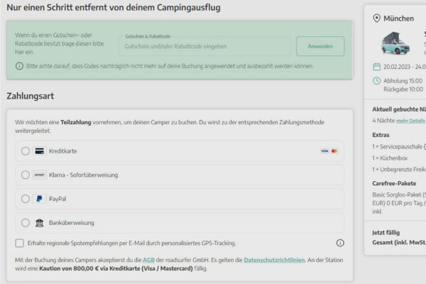 gutscheinfeld für den Code im Buchungsprozess. Camper bei Roadsurfer mieten.