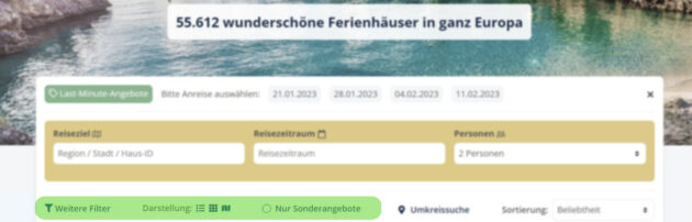 Startseite und Suchfunktion von Ferienhaus.de mit Sonderangeboten, Weiteren Filtern und Kartenansicht