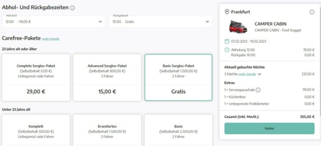 Ansicht der Buchung eines Campers bei Roadsurfer. Hier könnt Ihr Extras, Tarife und Timeslots für Abholung & Rückgabe des Vans buchen.