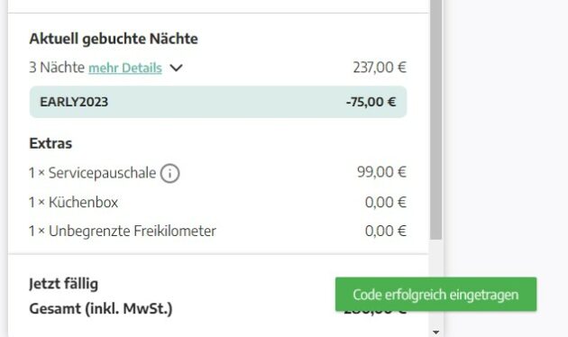 Gutscheincode einfügen, Sofortrabatt einlösen bei Roadsurfer