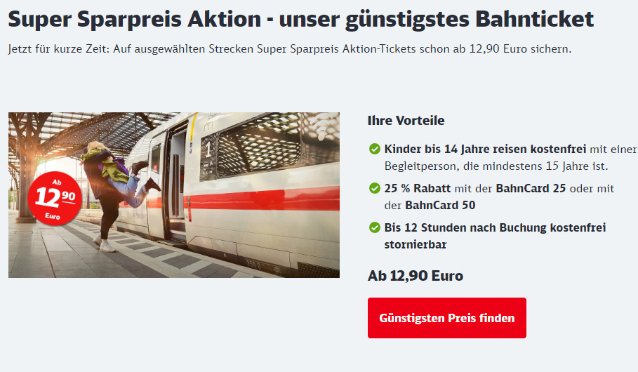 Super Sparpreis Tickets für deutschlandweite Fahrten ab 12,90€