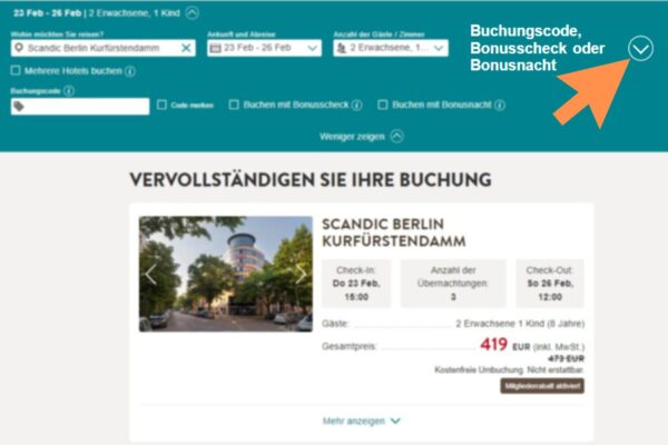 Buchungscode einfügen oder Bonuspunkte einlösen auf schandichotels.de