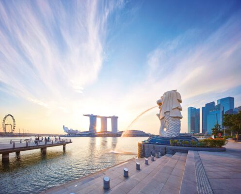 Singapur Merlion Park und Merlion Statue an der Marina Bay