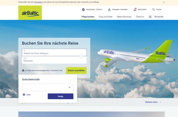 airBaltic Gutschein schon vor der eigentlichen Suche eingeben und bei der Buchung ordentlich sparen. Der Rabatt wird direkt nach der Eingabe vom Flugreis abgezogen.