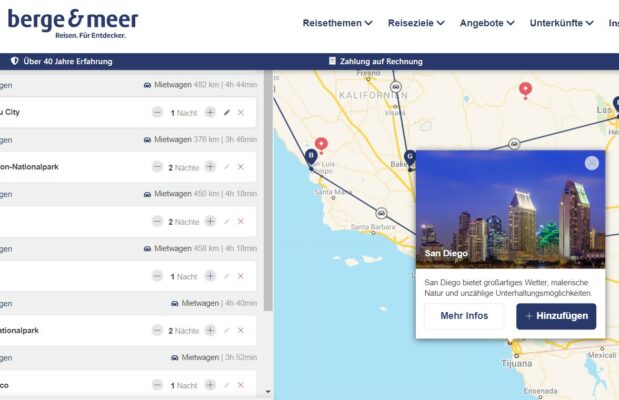 Berge & Meer Mietwagenrundreisen Route bearbeiten Neue Zielorte hinzufügen
