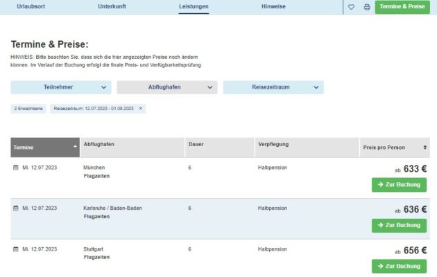 Berge und Meer Terminauswahl zur Buchung Flugtermine und Reisetermine finden.