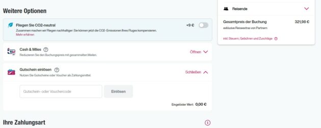 Eurowings Gutscheincode während der Flugbuchung in das Eingabefeld einfügen - in diesem Screenshot seht Ihr, wie Ihr das Gutscheinfeld öffnet. 