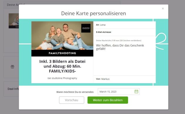 Ihr könnt Groupon Deals auch verschenken und nach der Bezahlung mit einer persönlichen Nachricht versehen an den oder die Beschenkte verschicken, wie hier in diesem Screenshot.