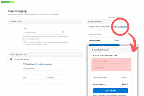 Der Screenshot  zeigt, wo Ihr das Gutscheinfeld während der Bestellung findet, um den Groupon Rabattcode oder Geschenkgutschein im Bezahlvorgang einlösen.