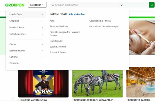 Groupon Gutschein Kategorien der Sales und Deals im Onlineshop