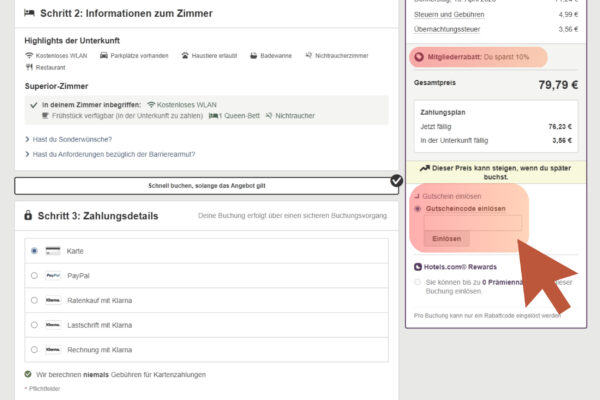Hotels.com Gutschein richtig einlösen - im Gutscheinfeld könnt Ihr den Code aus der Zwischenablage einfügen.