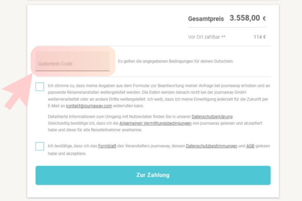journaway Gutschein Feld für den Rabattcode im letzten Buchungsschritt unter der Zahlung.-