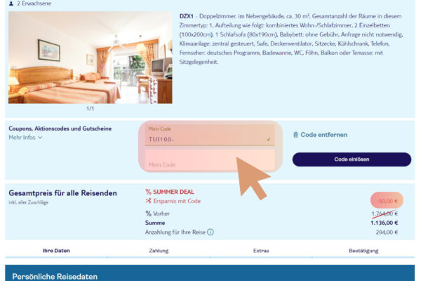 TUI Gutschein einlösen, so geht's. Während der Buchung könnt Ihr in diesem Gutscheinfeld Euren TUI Coupon aus der Zwischenablage einfügen. Der Rabatt wird direkt abgezogen, die Ersparnis seht Ihr direkt in der Preisübersicht.