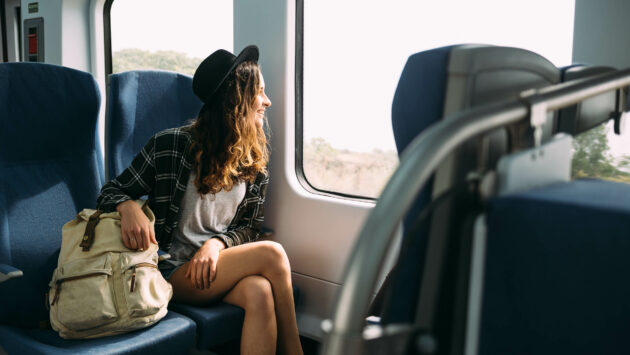 Frau sitzt in der Bahn Reise mit dem Zug