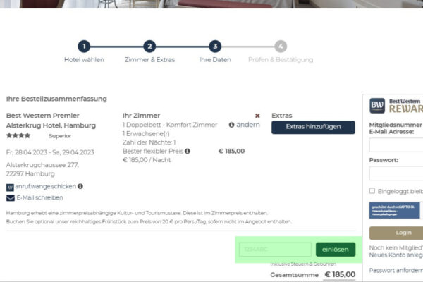 Best Western Gutschein einlösen - einfach den Gutscheincode Eures Hotelgutscheins oder Best Western Rabattcode während er Buchung hier in das Gutscheinfeld einfügen. 