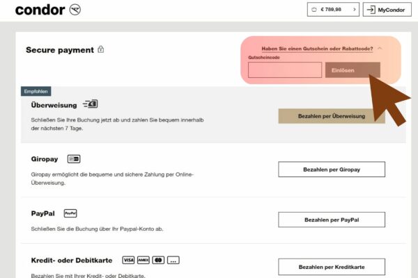Condor Gutschein einlösen Zahlungsweisen für die Buchung