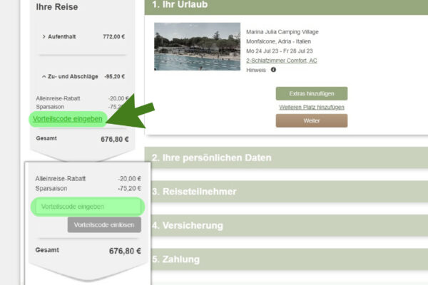 Eurrocamp Gutschein bei der Online Buchung einlösen. Vorteilscode eingeben klicken und es öffnet sich das Gutscheinfeld für den Eurocamp Aktionscode.