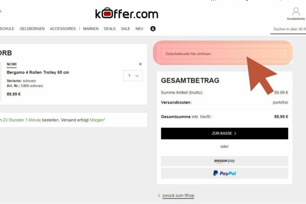 Koffer.com Gutschein im Onlineshop während der Bestellung richtig einlösen. Rückwirkend kann der Code nicht mehr eingelöst werden.