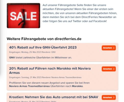 Direct Ferries Gutschein - Angebote für Frühbucher und Werbeaktionen.