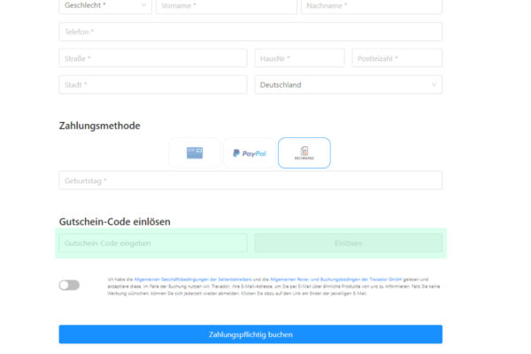 Travador Gutschein Gutscheinfeld. Hier am Ende des Buchungsprozesses wird der Rabattgutschein eingelöst.
