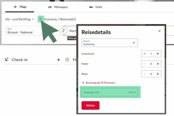 Brussels Airlines Zugangscode einfügen