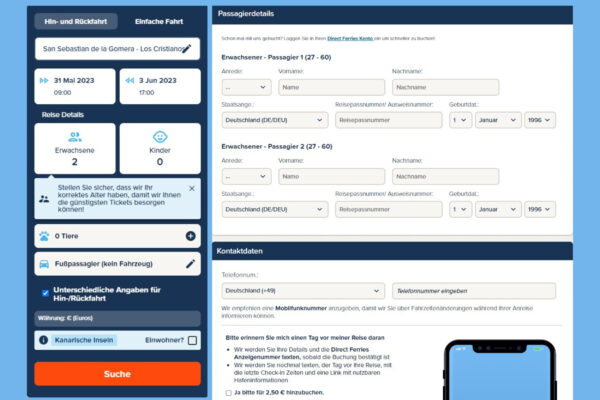 Direct Ferries Gutschein Eingabe der Daten in die Suchmaske und während der Buchung