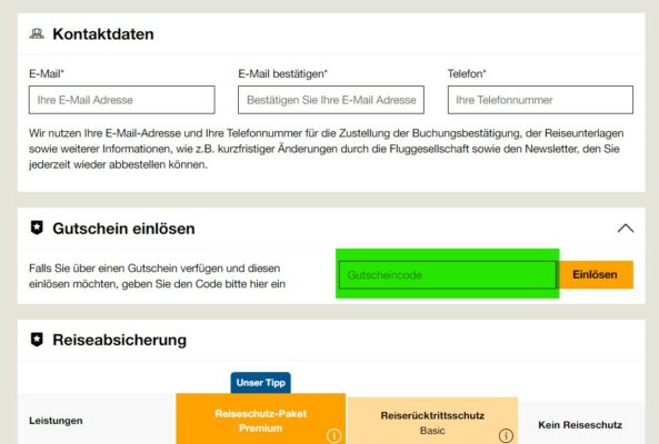 Condor Holidays Gutschein einlösen, Gutscheinfeld