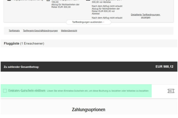 Emirates Gutschein bei der Buchung einlösen. 