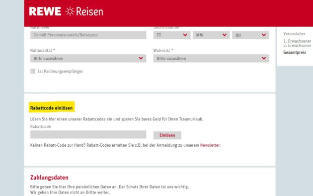 REWE Reisen Rabattcode einfügen