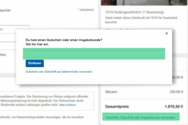 Expedia Gutschein einlösen, Gutscheincode in das Gutscheinfeld einfügen