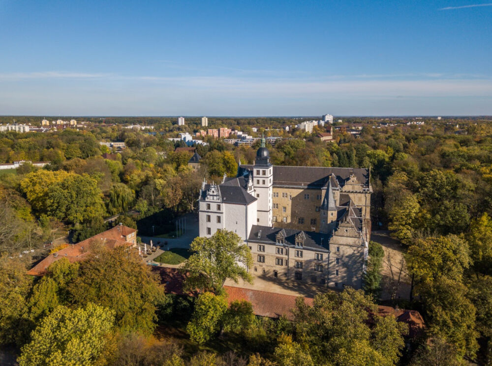 Aerial view of Wolfsburg Castle in autumn, Germany