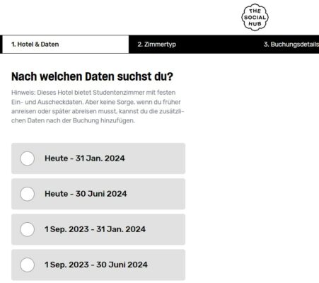 Buchung einer Studentenunterkunft auf  https://www.thesocialhub.co/de/