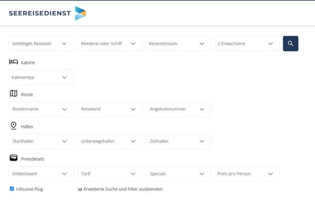 Seereisedienst Gutschein Suchfilter