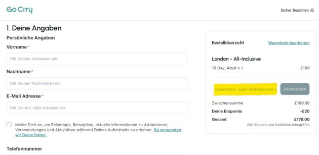 Go City Gutschein einlösen, Gutscheinfeld für den Aktionscode