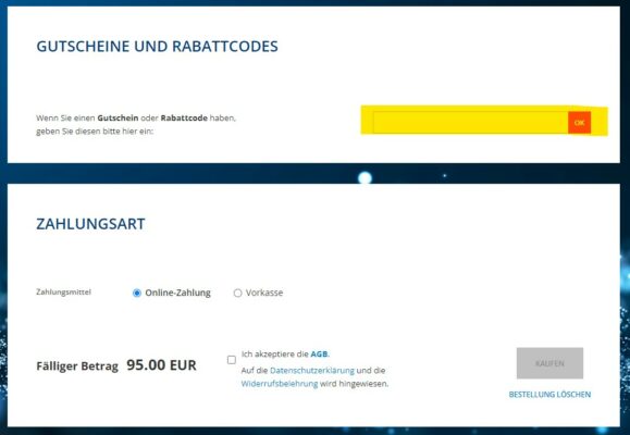 myticket Rabattcode einlösen. So findet Ihr das Feld zum Einlösen des Rabattcodes.