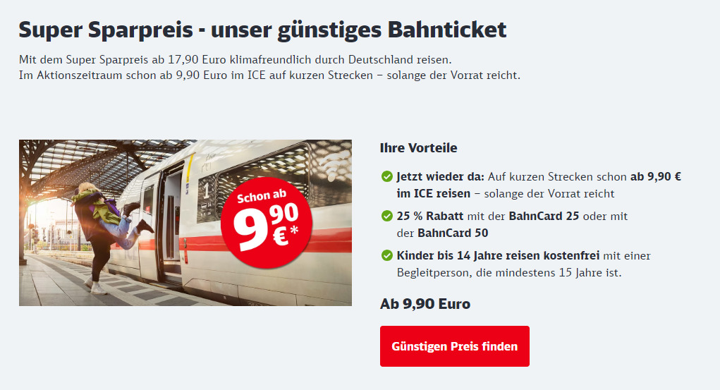 Super Sparpreis Tickets für deutschlandweite Fahrten ab 12,90€
