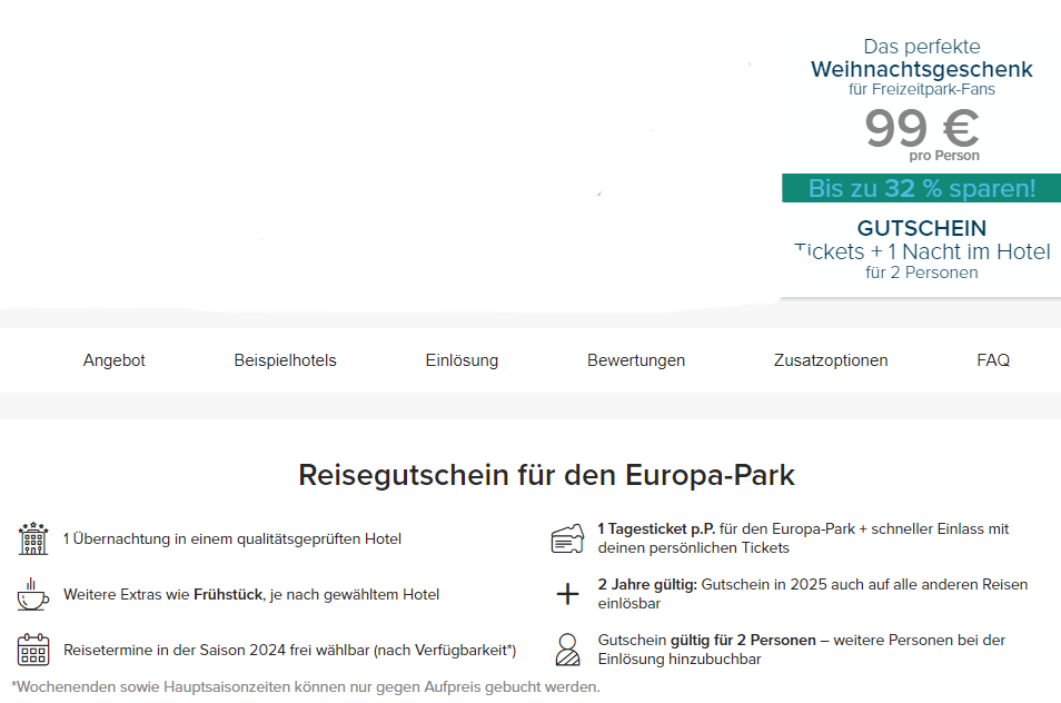 EuropaPark Gutschein 2 Tage mit Premium Hotel, Frühstück